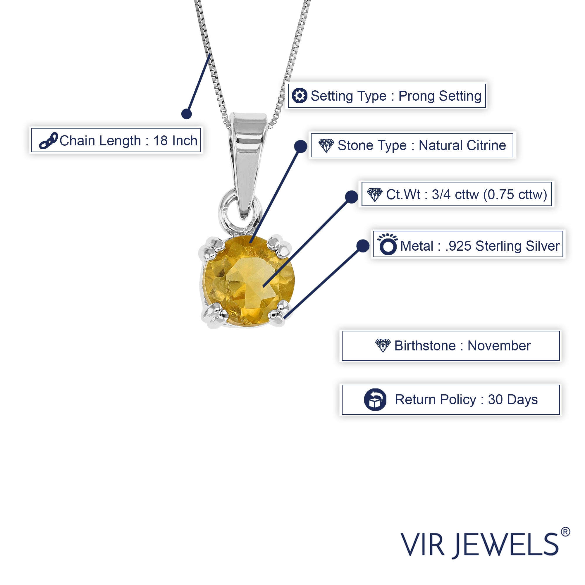 3/4 cttw Pendant Necklace, Citrine Pendant Necklace for Women in .925 Sterling Silver with Rhodium, 18 Inch Chain, Prong Setting