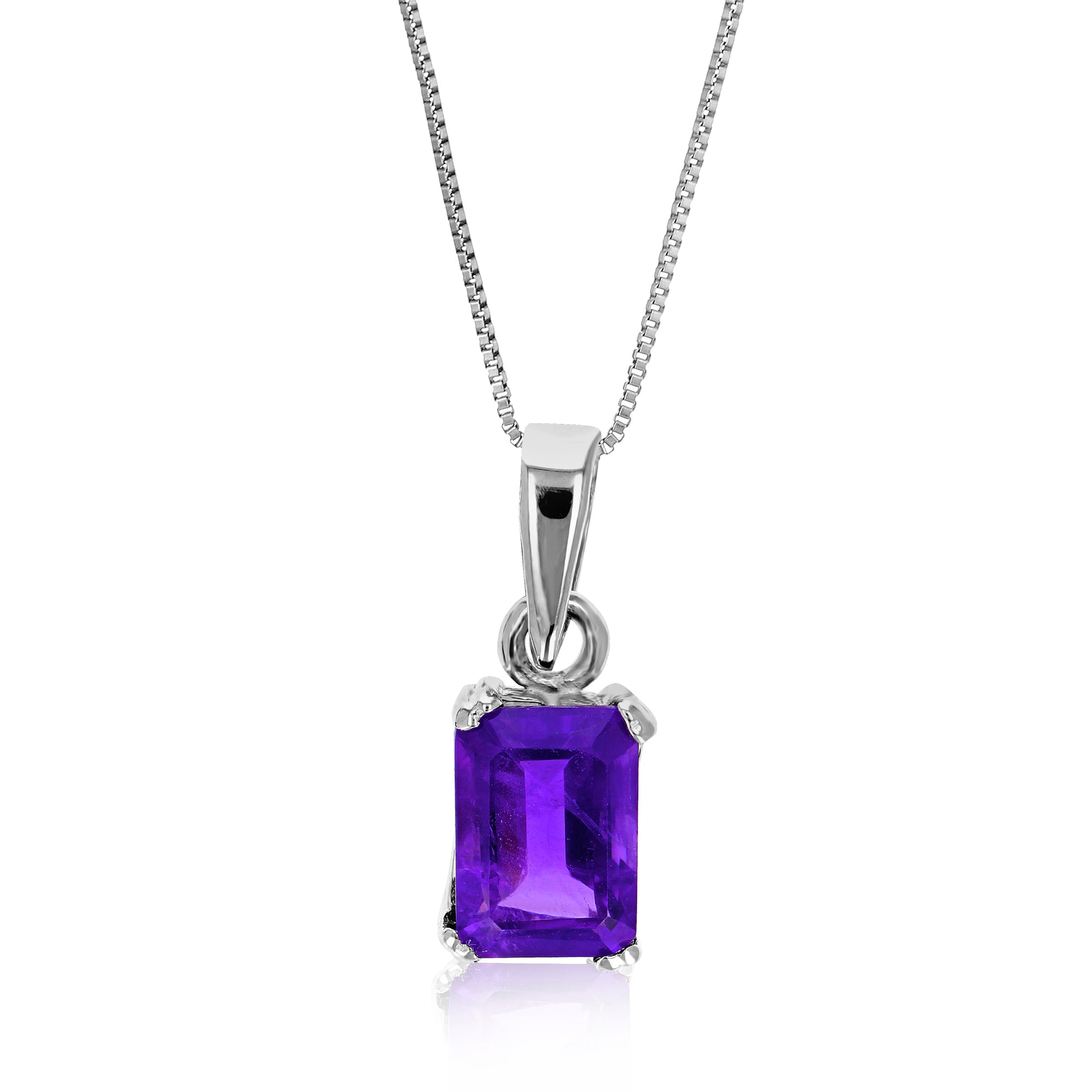 1 cttw Pendant Necklace, Purple Amethyst Emerald Shape Pendant Necklace for Women in .925 Sterling Silver with Rhodium, 18 Inch Chain, Prong Setting