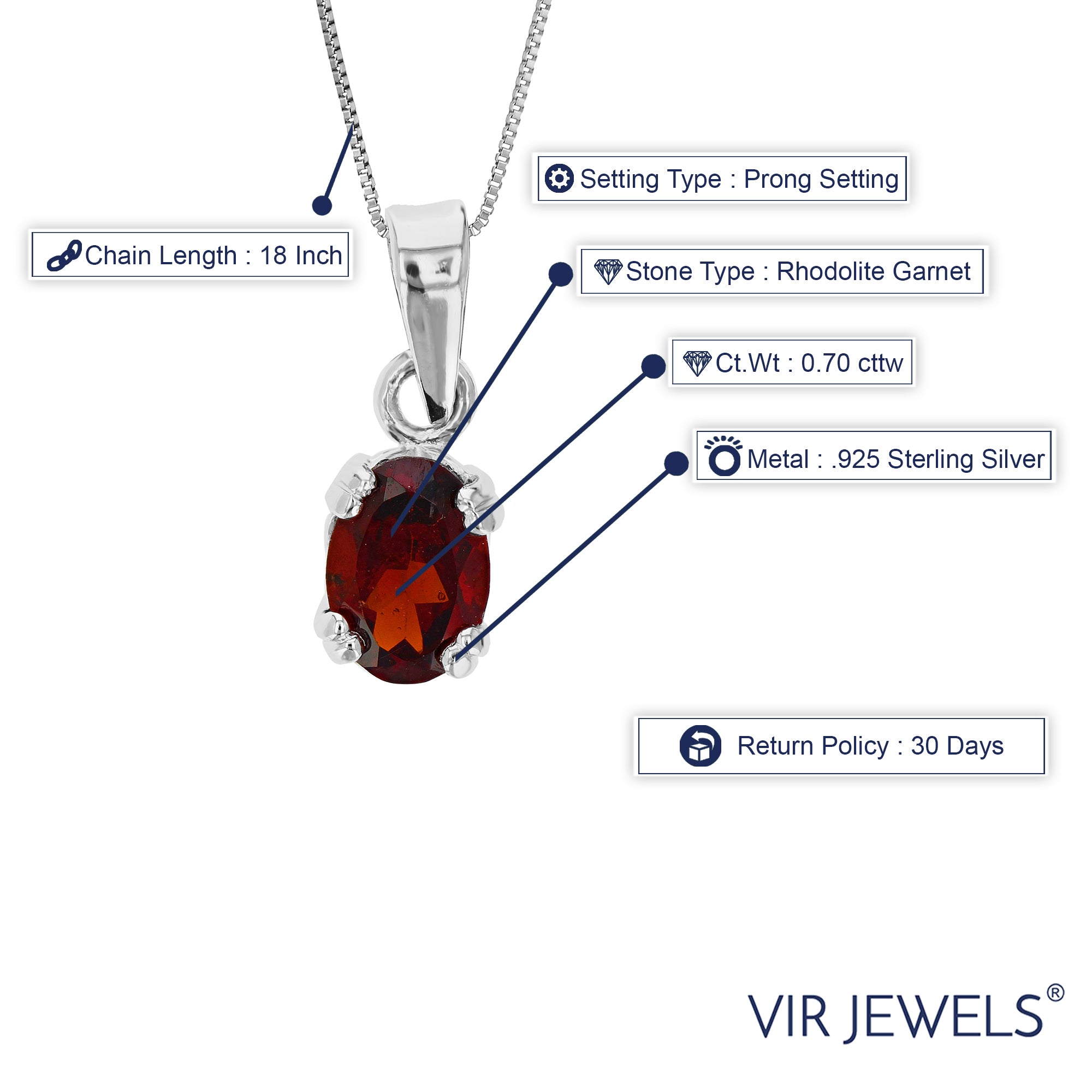 0.70 cttw Garnet Pendant Necklace .925 Sterling Silver With Rhodium 7x5 MM Oval