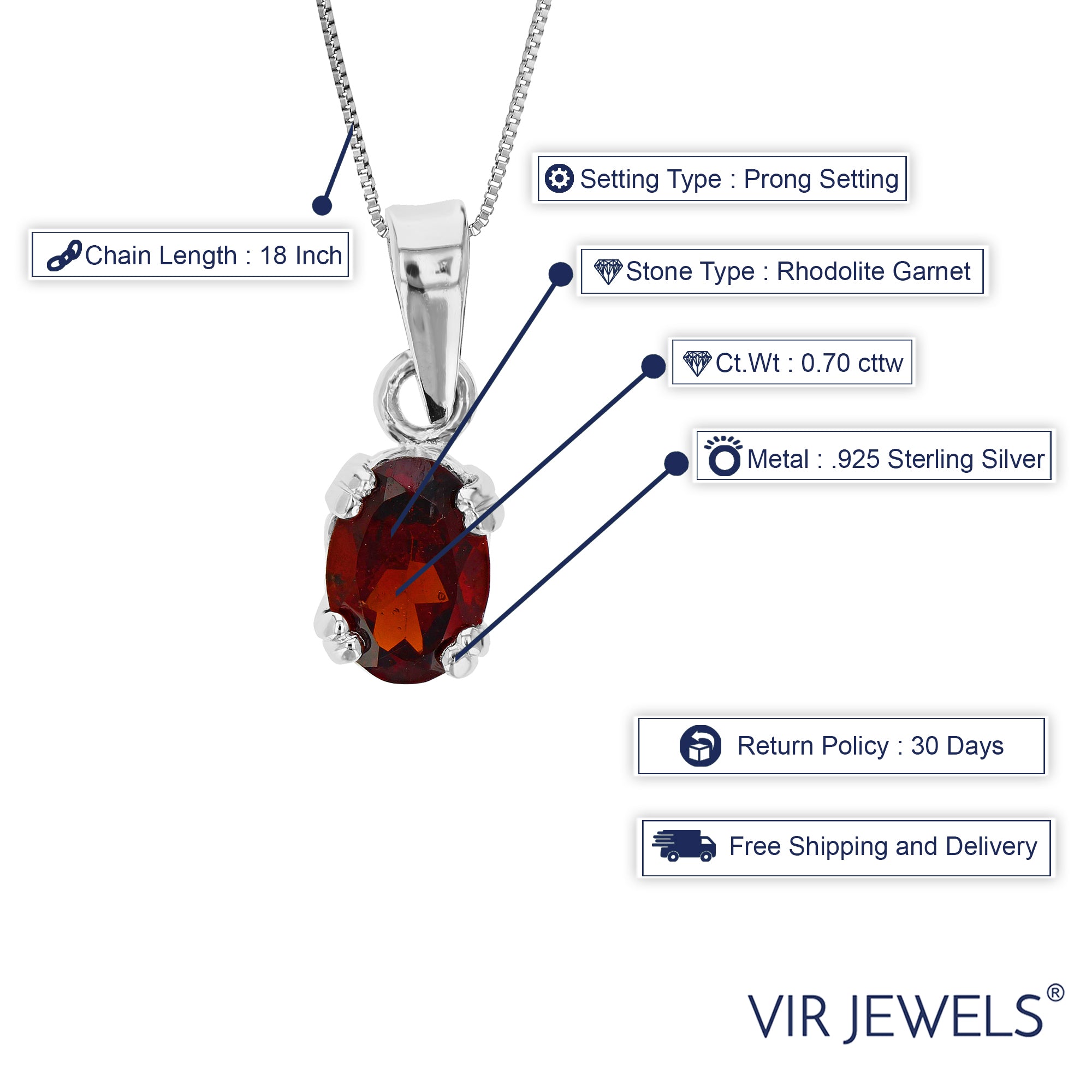0.70 cttw Garnet Pendant Necklace .925 Sterling Silver With Rhodium 7x5 MM Oval