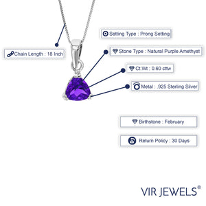 0.60 cttw Pendant Necklace, Purple Amethyst Trillion Shape Pendant Necklace for Women in .925 Sterling Silver with Rhodium, 18 Inch Chain, Prong Setting