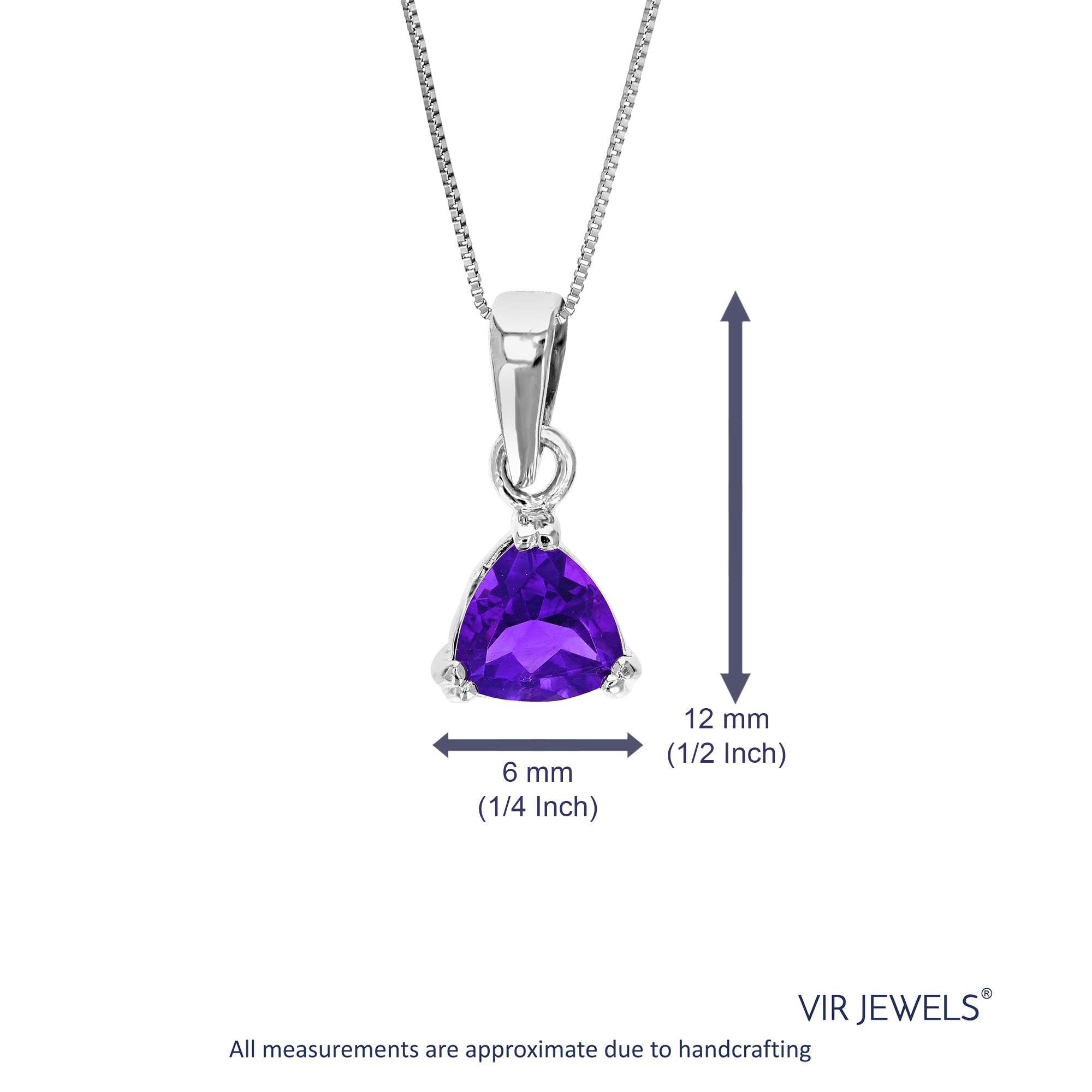 0.60 cttw Pendant Necklace, Purple Amethyst Trillion Shape Pendant Necklace for Women in .925 Sterling Silver with Rhodium, 18 Inch Chain, Prong Setting