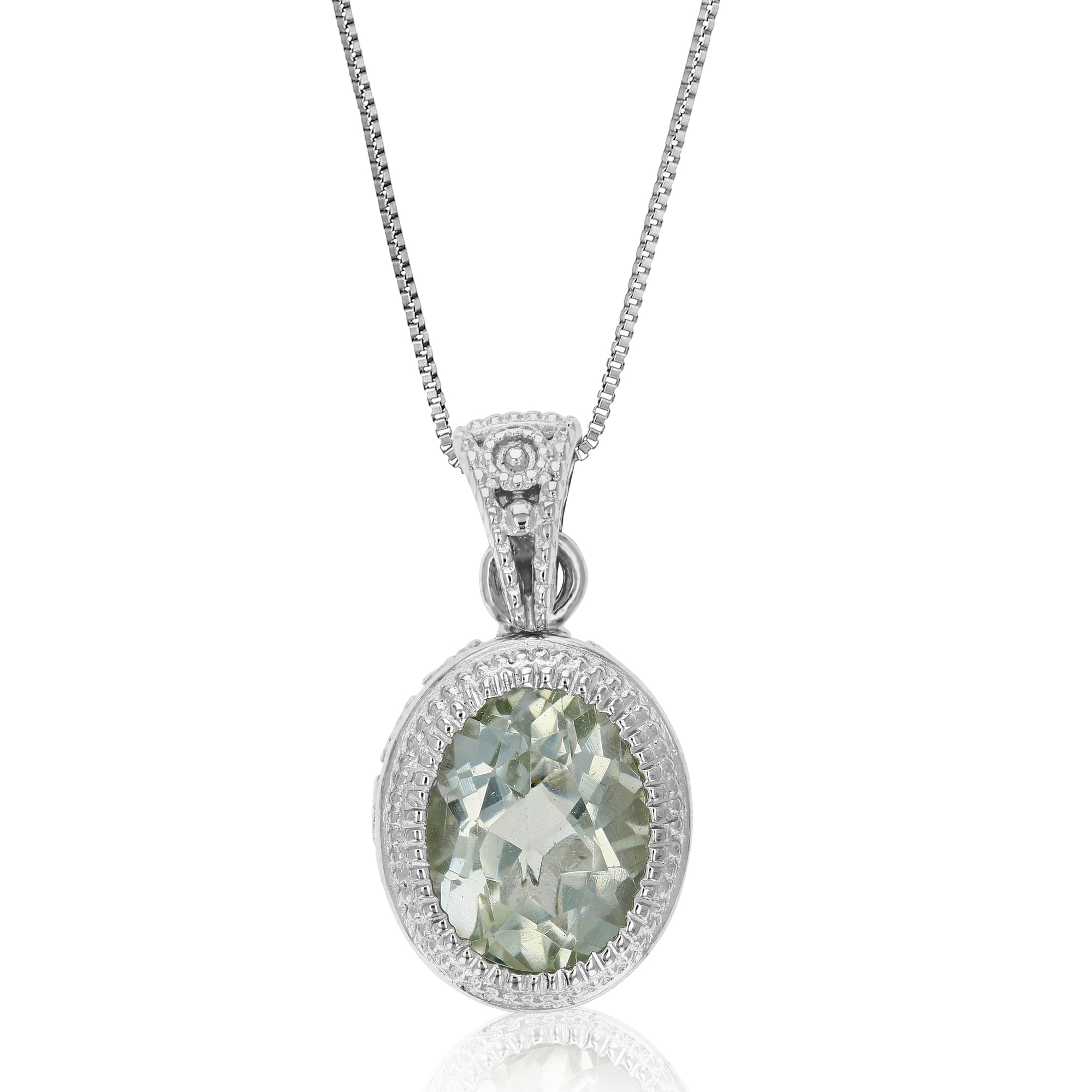 1.10 cttw Pendant Necklace, Green Amethyst Oval Pendant Necklace for Women in .925 Sterling Silver with Rhodium, 18 Inch Chain, Bezel Setting