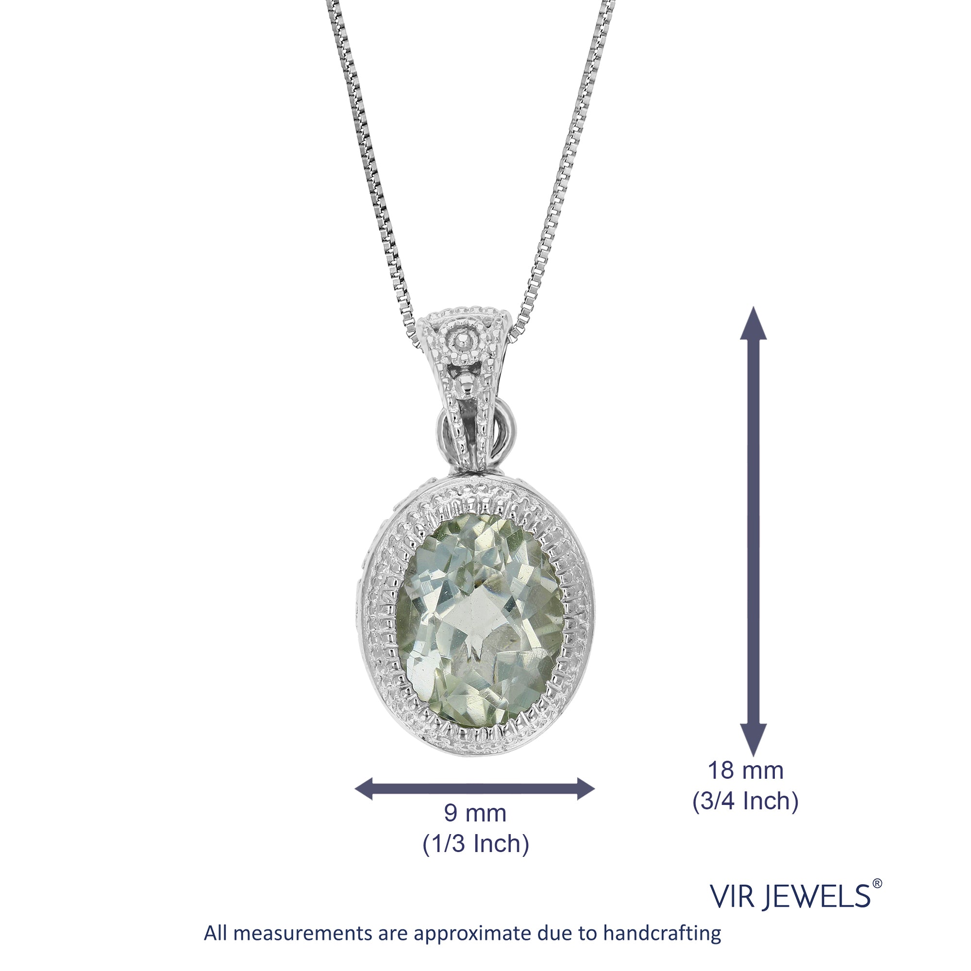 1.10 cttw Pendant Necklace, Green Amethyst Oval Pendant Necklace for Women in .925 Sterling Silver with Rhodium, 18 Inch Chain, Bezel Setting