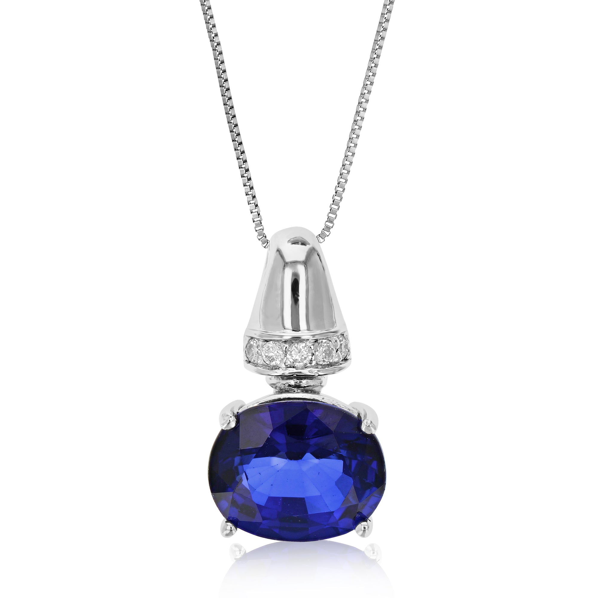 3.70 cttw Pendant Necklace, Created Blue Sapphire Oval Pendant Necklace for Women in .925 Sterling Silver with Rhodium, 18 Inch Chain, Prong Setting