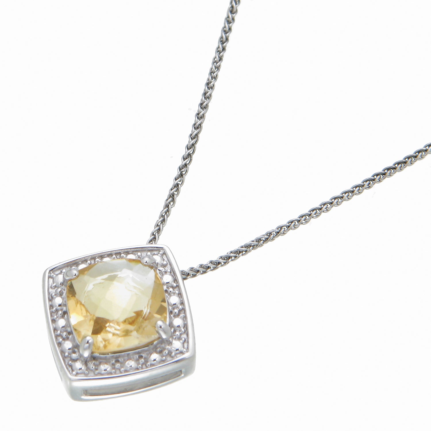 2 cttw Pendant Necklace, Cushion Cut Citrine Pendant Necklace for Women in .925 Sterling Silver with Rhodium, 18 Inch Chain, Prong Setting