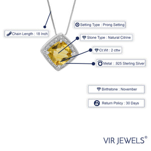 2 cttw Pendant Necklace, Cushion Cut Citrine Pendant Necklace for Women in .925 Sterling Silver with Rhodium, 18 Inch Chain, Prong Setting
