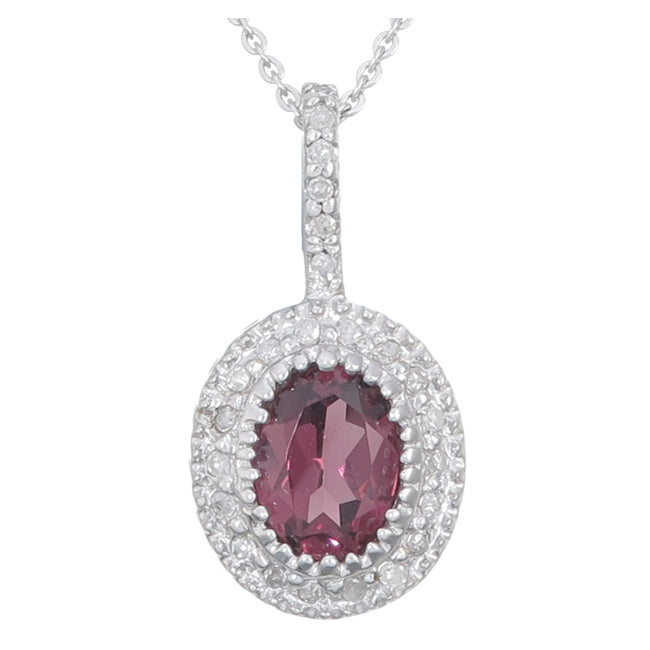 1 cttw Oval Shape Garnet and Diamond Pendant in 14K White Gold With 18" Chain