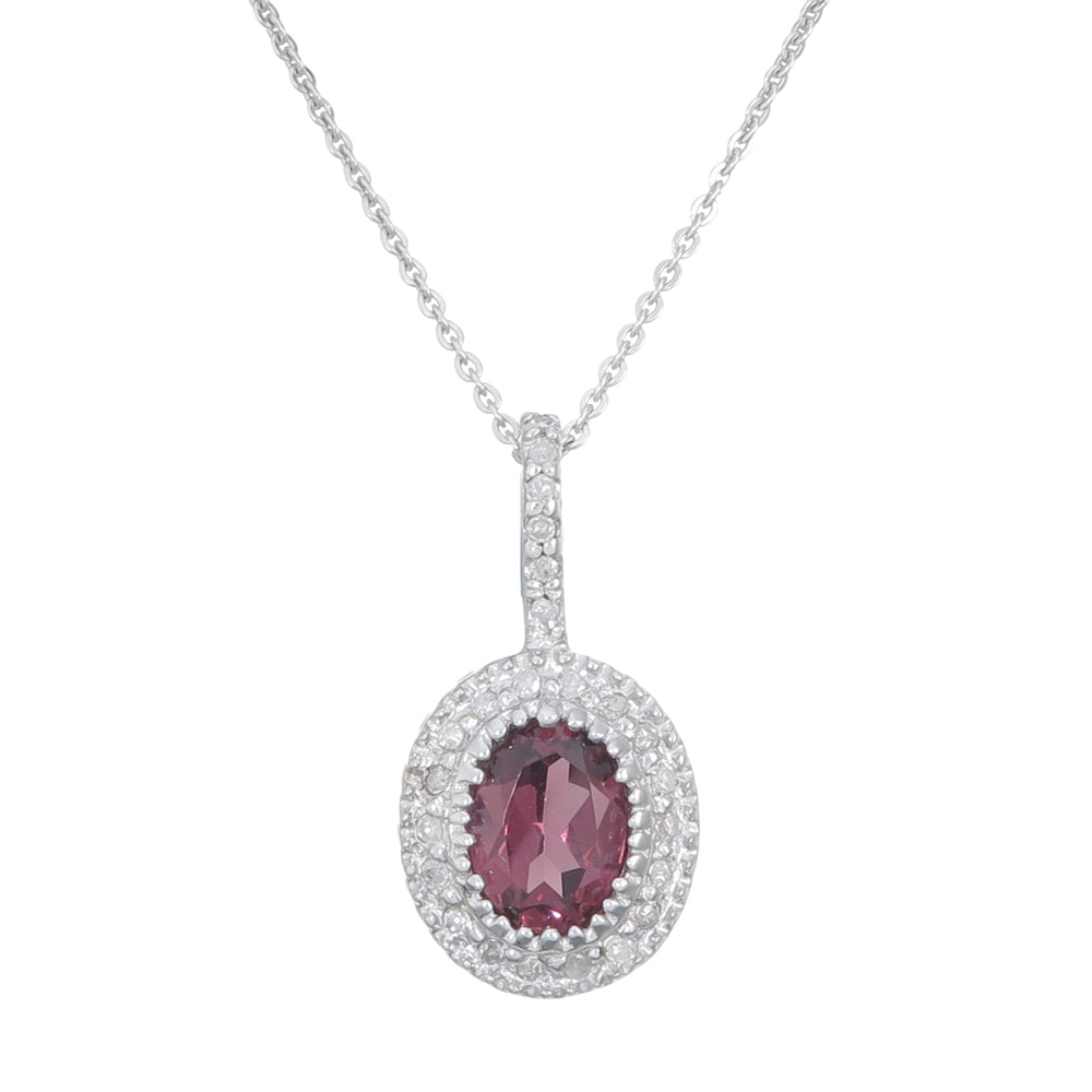 1 cttw Oval Shape Garnet and Diamond Pendant in 14K White Gold With 18" Chain