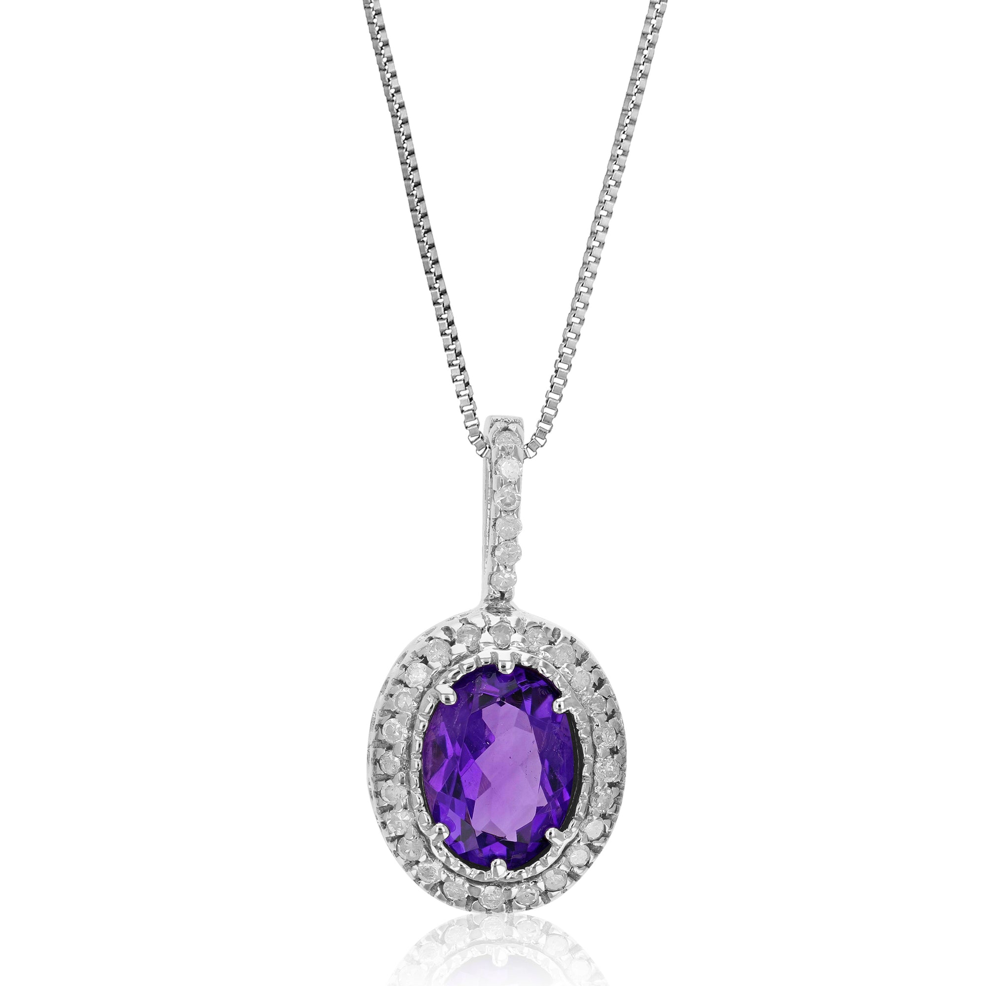 1.30 cttw Diamond Pendant, Amethyst and Diamond Pendant Necklace for Women in 14K White Gold with 18 Inch Chain, Prong Setting