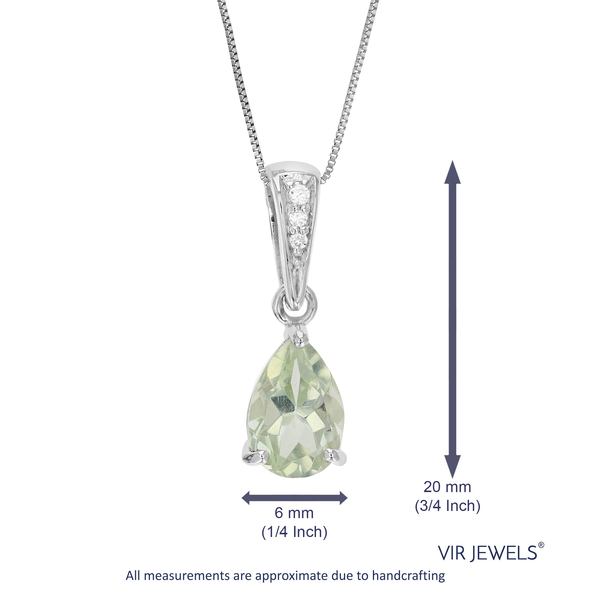 1.40 cttw Pendant Necklace, Green Amethyst Pear Shape Pendant Necklace for Women in .925 Sterling Silver with Rhodium, 18 Inch Chain, Prong Setting