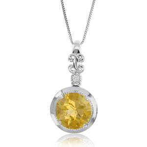 3.50 cttw Pendant Necklace, Citrine Pendant Necklace for Women in .925 Sterling Silver with Rhodium, 18 Inch Chain, Prong Setting
