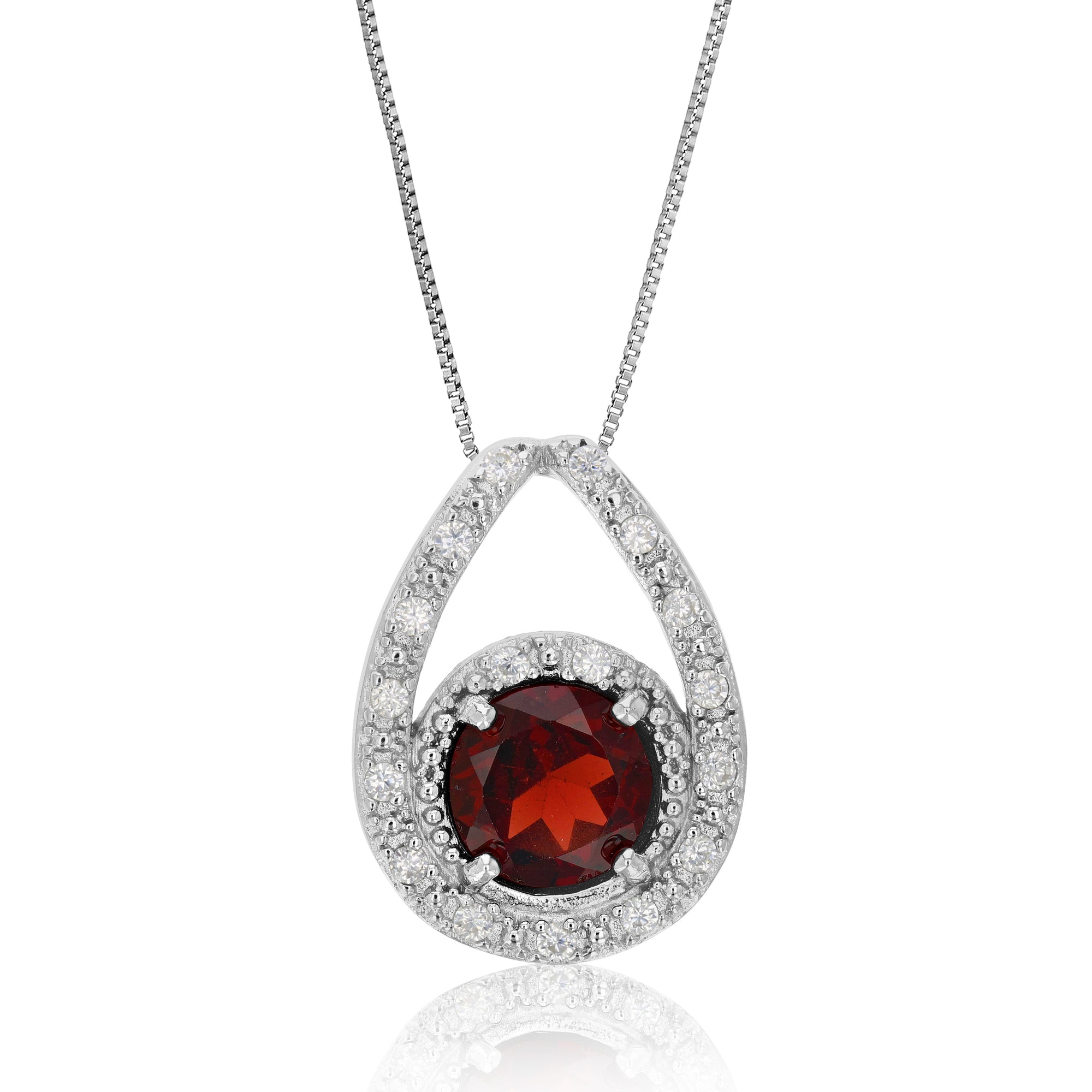 1.05 cttw Pendant Necklace, Garnet Pendant Necklace for Women in .925 Sterling Silver with Rhodium, 18 Inch Chain, Prong Setting