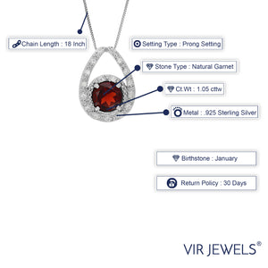 1.05 cttw Pendant Necklace, Garnet Pendant Necklace for Women in .925 Sterling Silver with Rhodium, 18 Inch Chain, Prong Setting