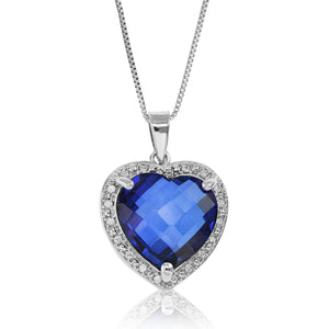 5.5 cttw Pendant Necklace, Created Sapphire Heart Shape Pendant Necklace for Women in Brass with Rhodium Plating, 18 Inch Chain, Prong Setting