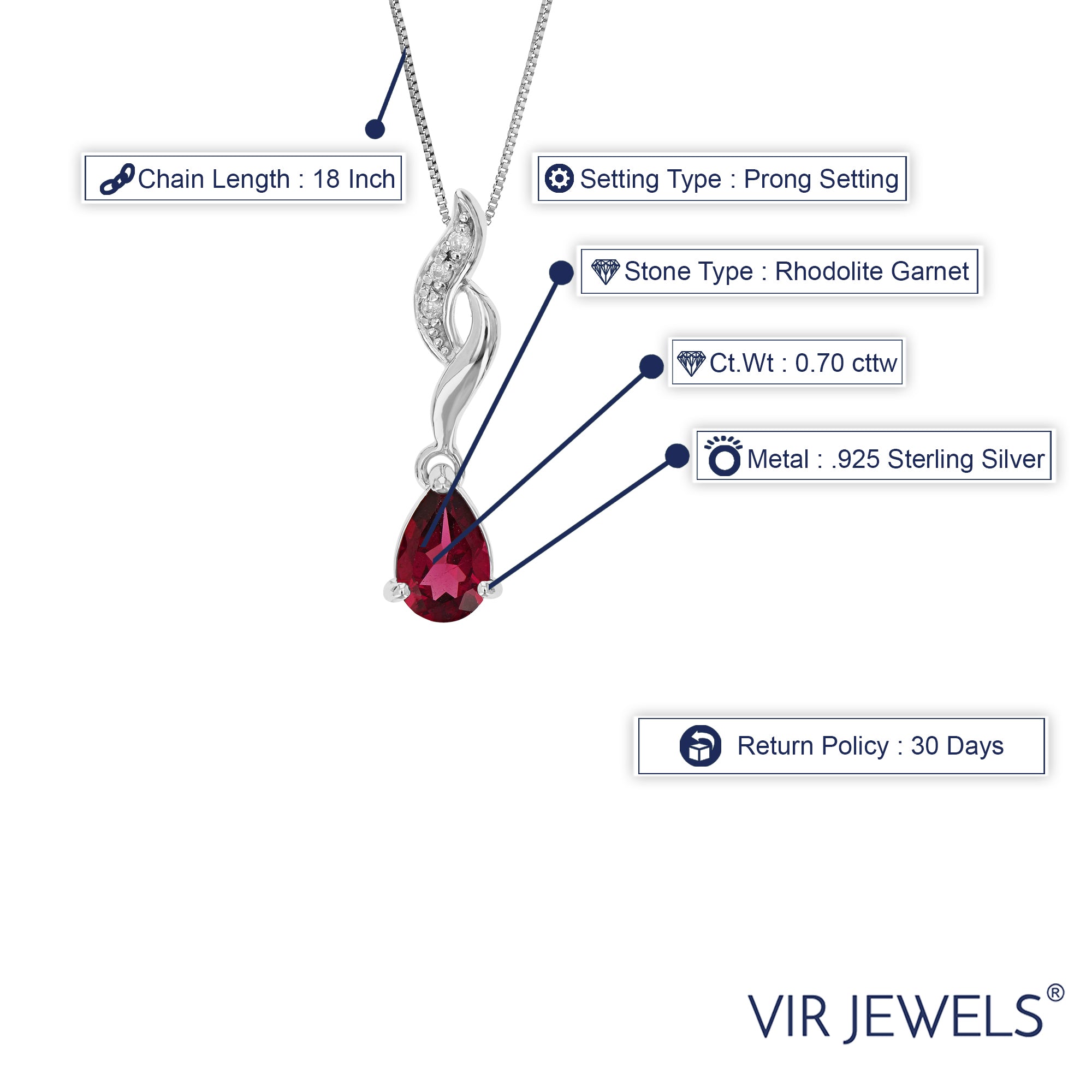 0.70 cttw Pendant Necklace, Garnet Pear Shape Pendant Necklace for Women in .925 Sterling Silver with Rhodium, 18 Inch Chain, Prong Setting