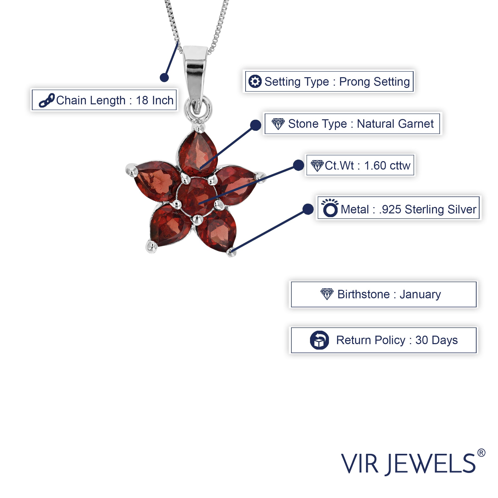 1.60 cttw Pendant Necklace, Garnet Pear Shape Pendant Necklace for Women in .925 Sterling Silver with Rhodium, 18 Inch Chain, Prong Setting