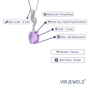 1.70 cttw Pendant Necklace, Purple Amethyst Oval Shape Pendant Necklace for Women in .925 Sterling Silver with Rhodium, 18 Inch Chain, Prong Setting