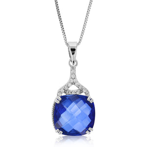 5.5 cttw Pendant Necklace, Created Sapphire Cushion Cut Pendant Necklace for Women in .925 Sterling Silver with 18 Inch Chain, Prong Setting