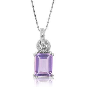 1.60 cttw Pendant Necklace, Purple Amethyst Emerald Shape Pendant Necklace for Women in .925 Sterling Silver with Rhodium, 18 Inch Chain, Prong Setting