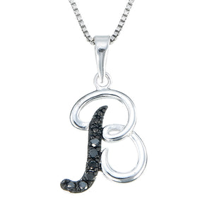 1/8 cttw Diamond Pendant, Black Diamond Alphabet Pendant Necklace for Women in .925 Sterling Silver with Rhodium, 18 Inch Chain, Prong Setting