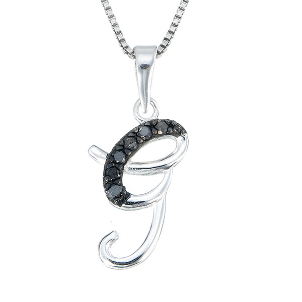 1/8 cttw Diamond Pendant, Black Diamond Alphabet Pendant Necklace for Women in .925 Sterling Silver with Rhodium, 18 Inch Chain, Prong Setting