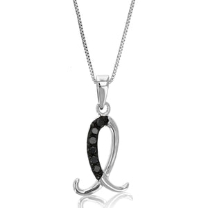 1/8 cttw Diamond Pendant, Black Diamond Alphabet Pendant Necklace for Women in .925 Sterling Silver with Rhodium, 18 Inch Chain, Prong Setting