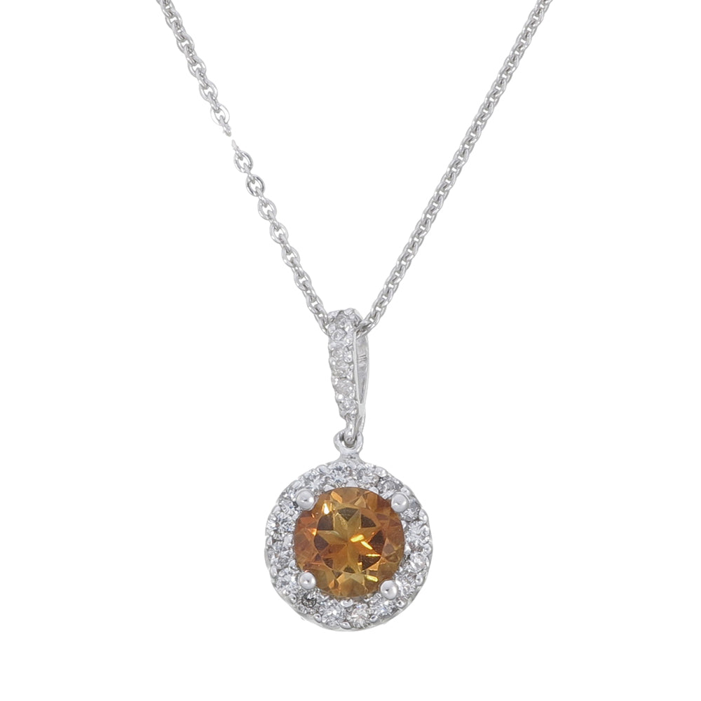 1.35 cttw Round Citrine and Diamond Halo Pendant in 14K White Gold 18" Chain