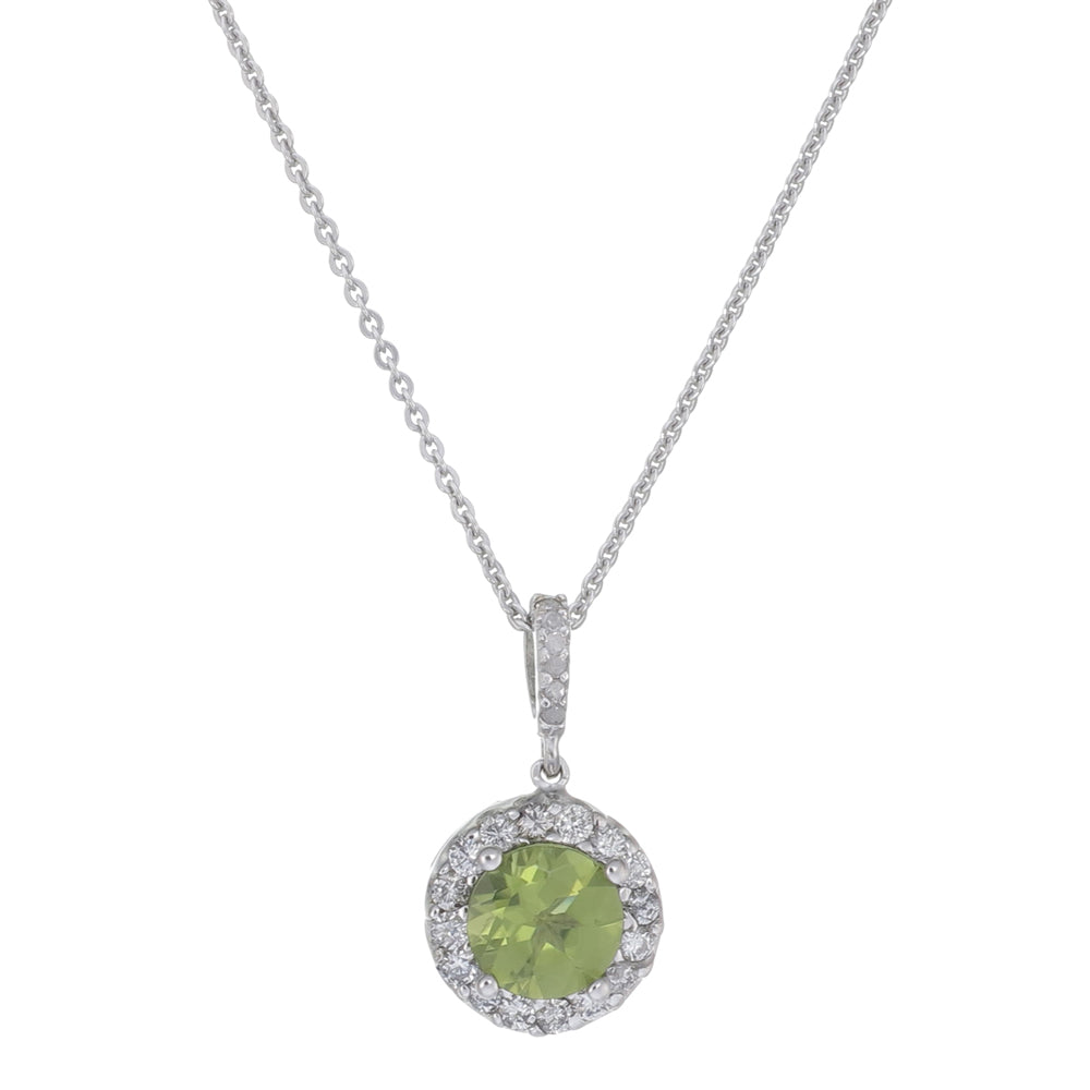 1.35 cttw Diamond Pendant, Peridot and Diamond Halo Pendant Necklace for Women in 14K White Gold with 18 Inch Chain, Prong Setting