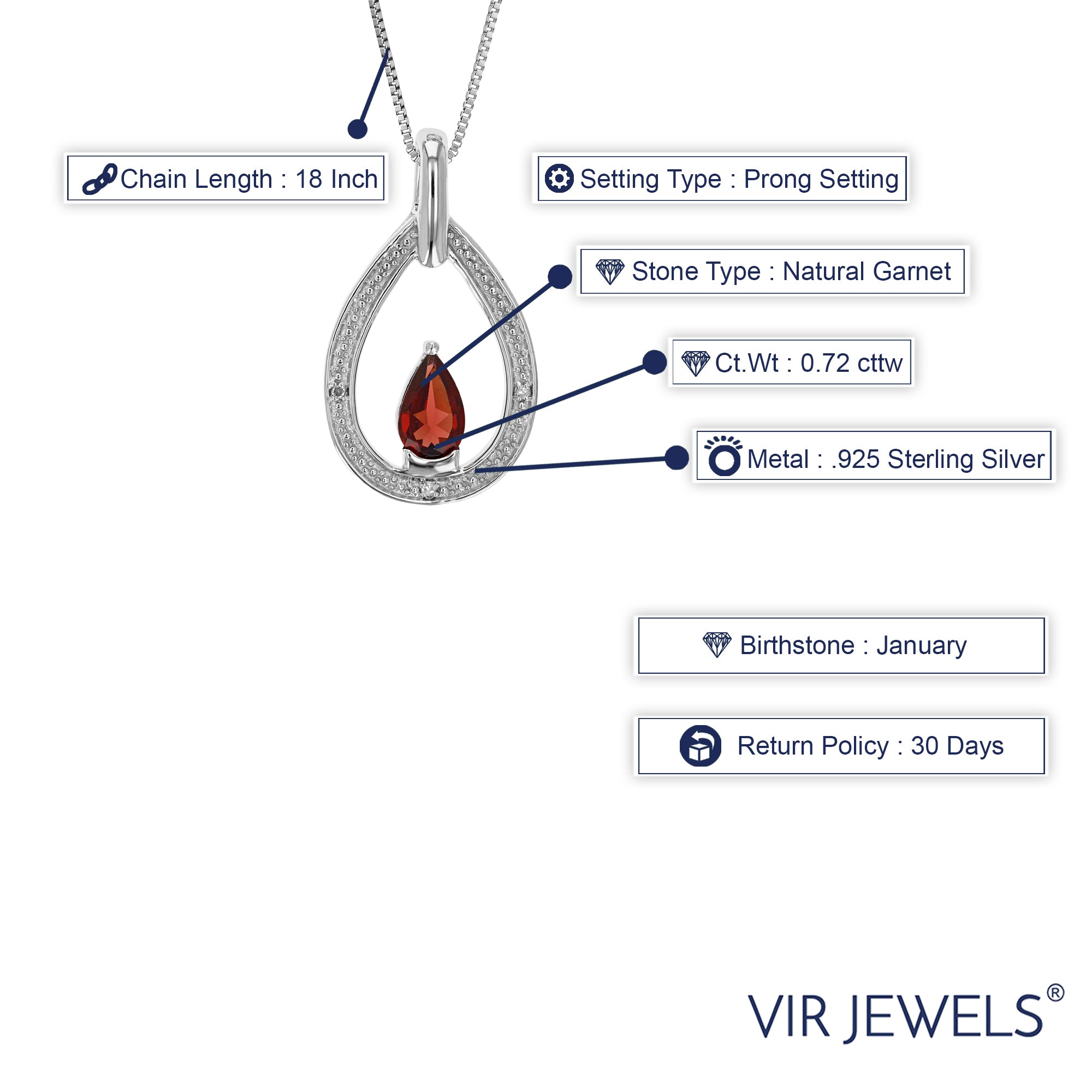 0.72 cttw Pendant Necklace, Diamond and Garnet Pear Pendant Necklace for Women in .925 Sterling Silver with Rhodium, 18 Inch Chain, Prong Setting