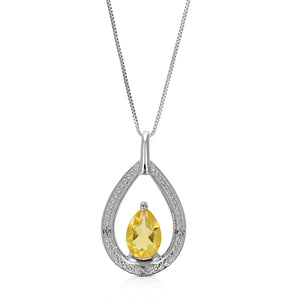 1.70 cttw Pendant Necklace, Citrine and Diamond Pendant Necklace for Women in .925 Sterling Silver with Rhodium, 18 Inch Chain, Prong Setting