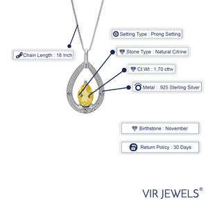 1.70 cttw Pendant Necklace, Citrine and Diamond Pendant Necklace for Women in .925 Sterling Silver with Rhodium, 18 Inch Chain, Prong Setting