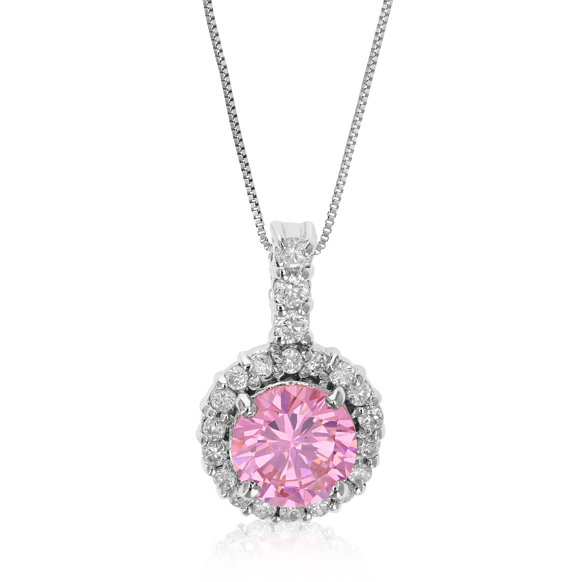 Pendant Necklace, Pink CZ Solitaire Pendant Necklace for Women in 0.925 Sterling Silver with 18 Inch Chain