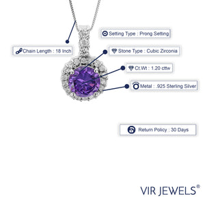 Pendant Necklace, Purple CZ Solitaire Pendant Necklace for Women in 0.925 Sterling Silver with 18 Inch Chain