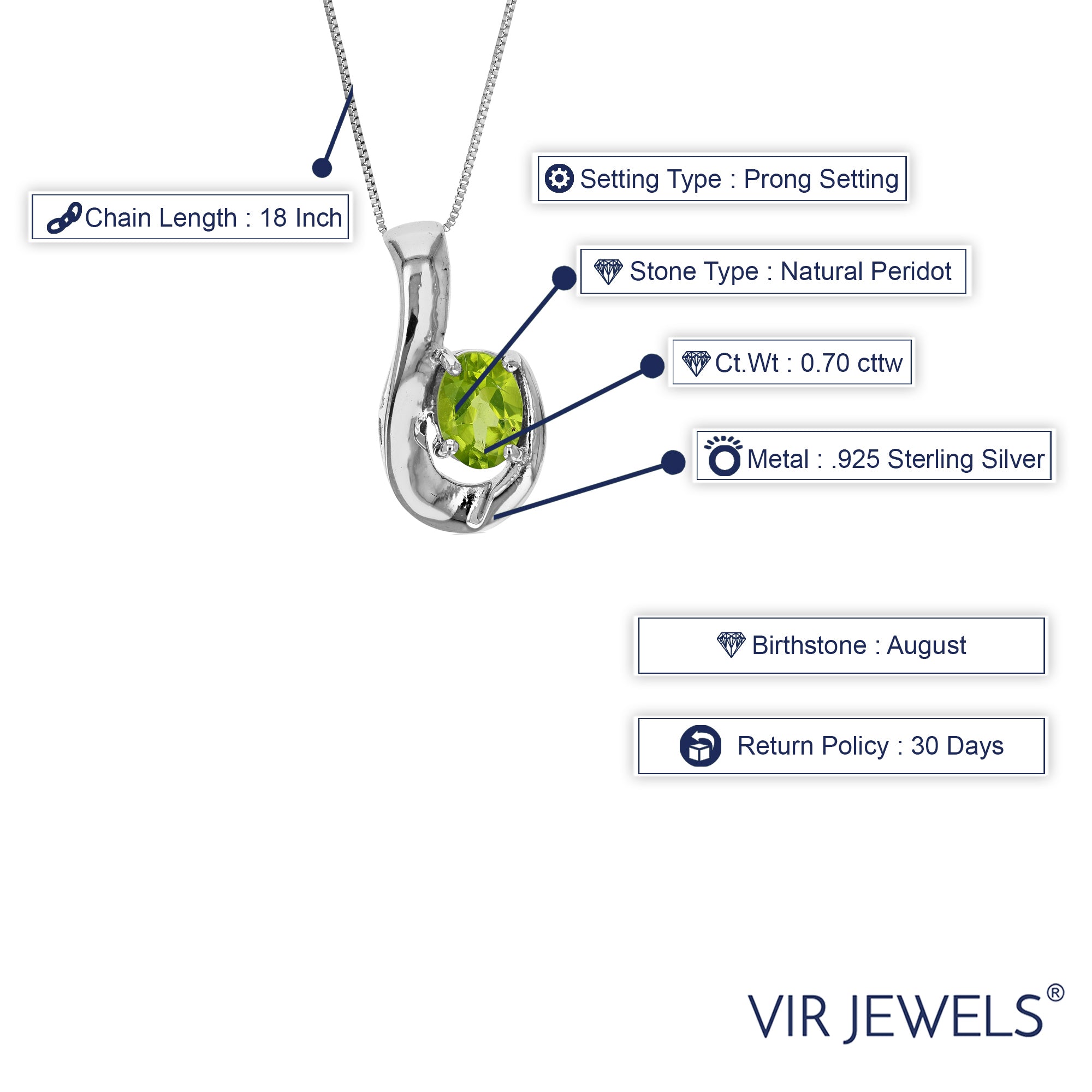 0.70 cttw Pendant Necklace, Peridot Pendant Necklace for Women in .925 Sterling Silver with Rhodium, 18 Inch Chain, Prong Setting