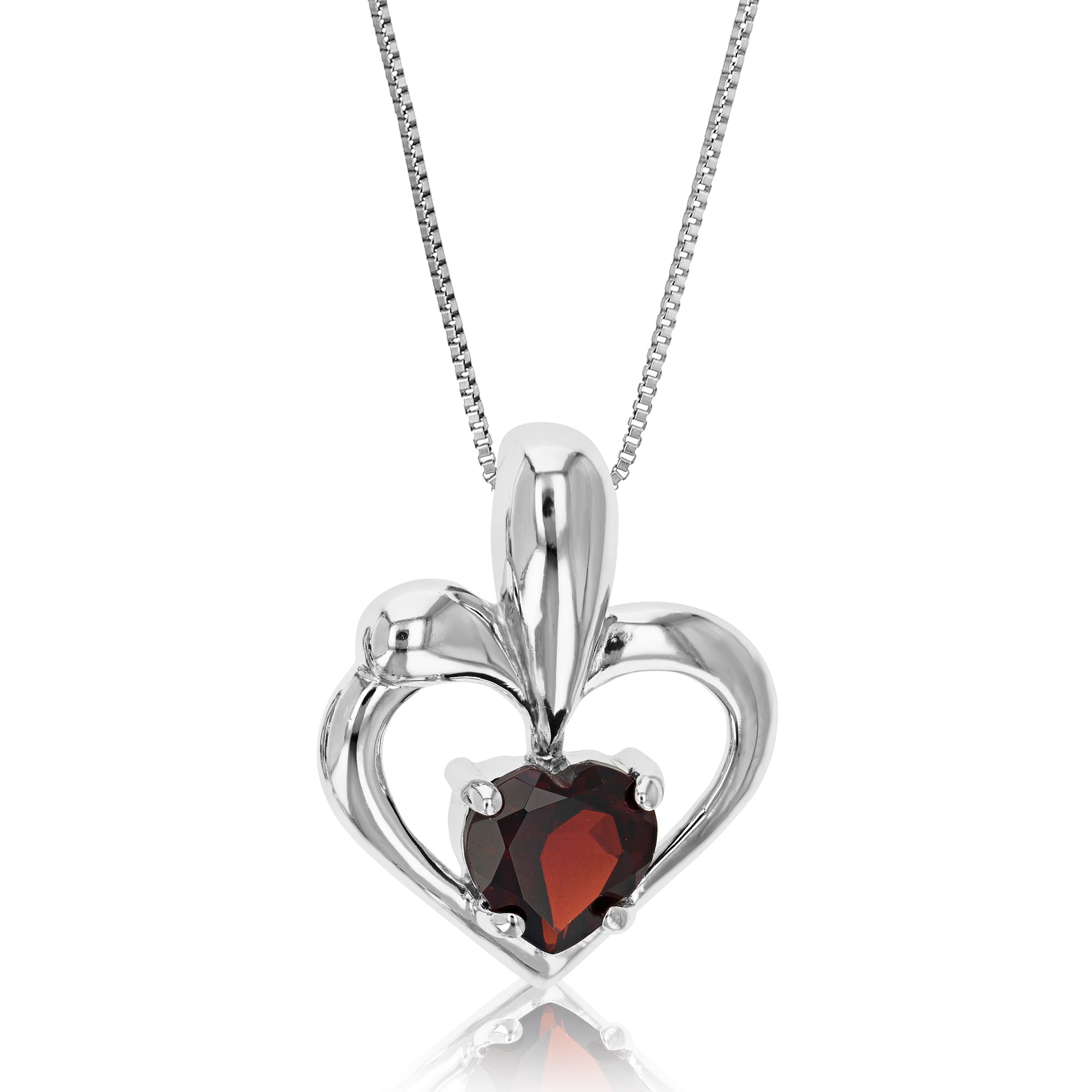 0.90 cttw Pendant Necklace, Garnet Heart Pendant Necklace for Women in .925 Sterling Silver with Rhodium, 18 Inch Chain, Prong Setting