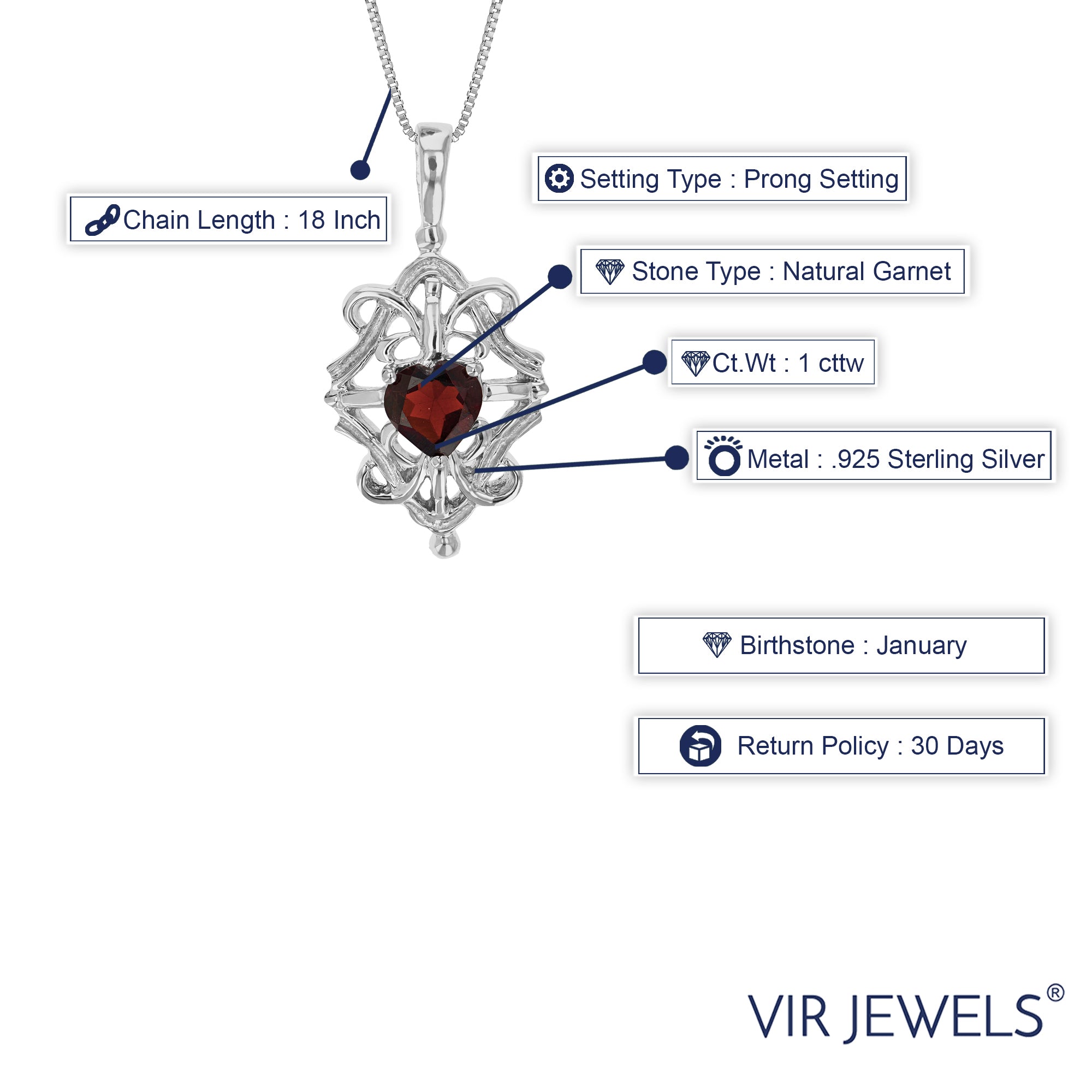 1 cttw Pendant Necklace, Garnet Heart Pendant Necklace for Women in .925 Sterling Silver with Rhodium, 18 Inch Chain, Prong Setting
