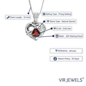 0.60 cttw Pendant Necklace, Garnet Triangle Pendant Necklace for Women in .925 Sterling Silver with Rhodium, 18 Inch Chain, Prong Setting
