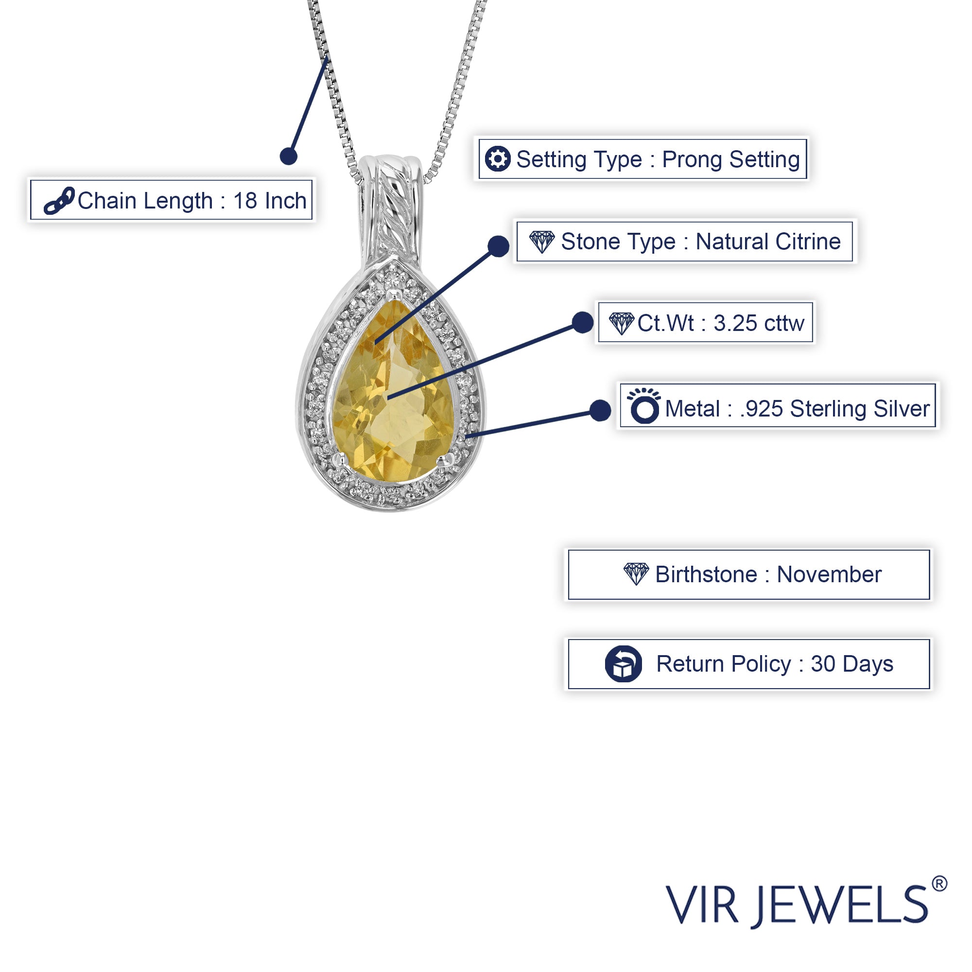 3.25 cttw Pendant Necklace, Citrine Pear Shape Pendant Necklace for Women in .925 Sterling Silver with Rhodium, 18 Inch Chain, Prong Setting