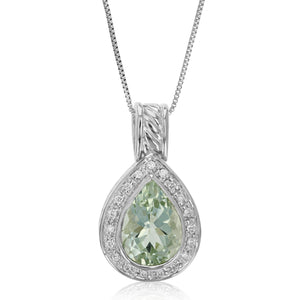 3.50 cttw Pendant Necklace, Green Amethyst Pear Shape Pendant Necklace for Women in .925 Sterling Silver with Rhodium, 18 Inch Chain, Prong Setting