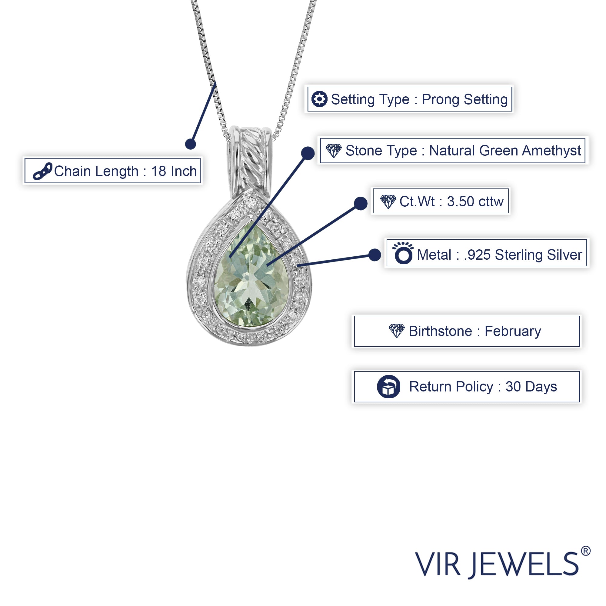 3.50 cttw Pendant Necklace, Green Amethyst Pear Shape Pendant Necklace for Women in .925 Sterling Silver with Rhodium, 18 Inch Chain, Prong Setting