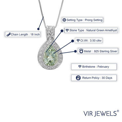 3.50 cttw Pendant Necklace, Green Amethyst Pear Shape Pendant Necklace for Women in .925 Sterling Silver with Rhodium, 18 Inch Chain, Prong Setting