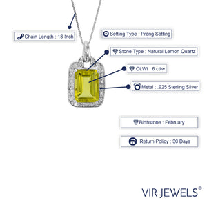 6 cttw Pendant Necklace, Lemon Quartz Emerald Shape Pendant Necklace for Women in .925 Sterling Silver with Rhodium, 18 Inch Chain, Prong Setting