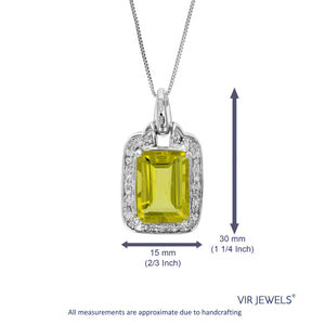6 cttw Pendant Necklace, Lemon Quartz Emerald Shape Pendant Necklace for Women in .925 Sterling Silver with Rhodium, 18 Inch Chain, Prong Setting