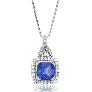 1.50 cttw Cushion Created Blue Sapphire Pendant .925 Sterling Silver with Chain