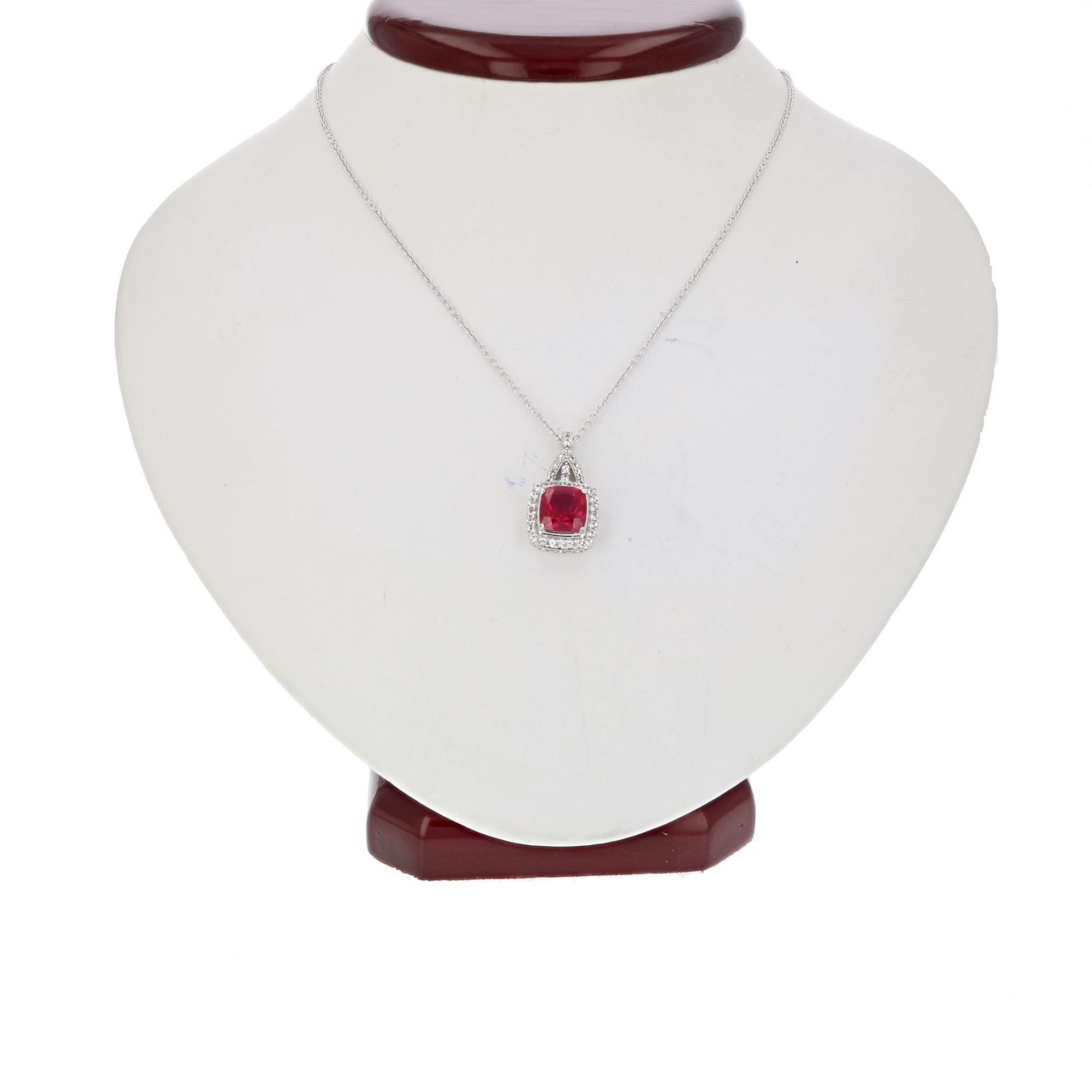 1.50 cttw Cushion Cut Created Ruby Pendant .925 Sterling Silver with Chain