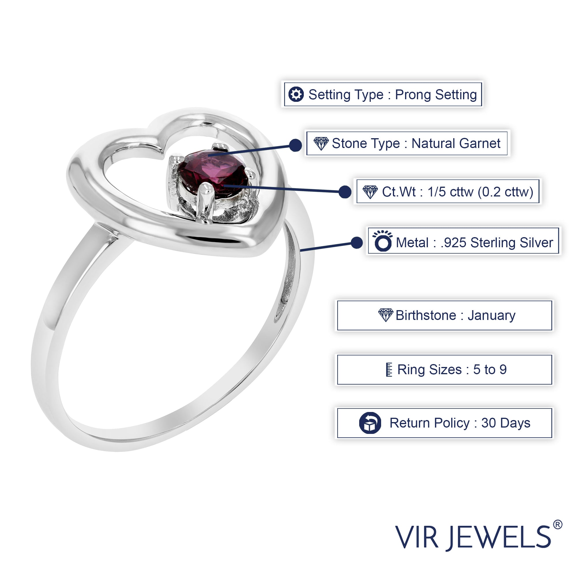 1/5 cttw Garnet Ring .925 Sterling Silver with Rhodium Plating Round Shape 4 MM