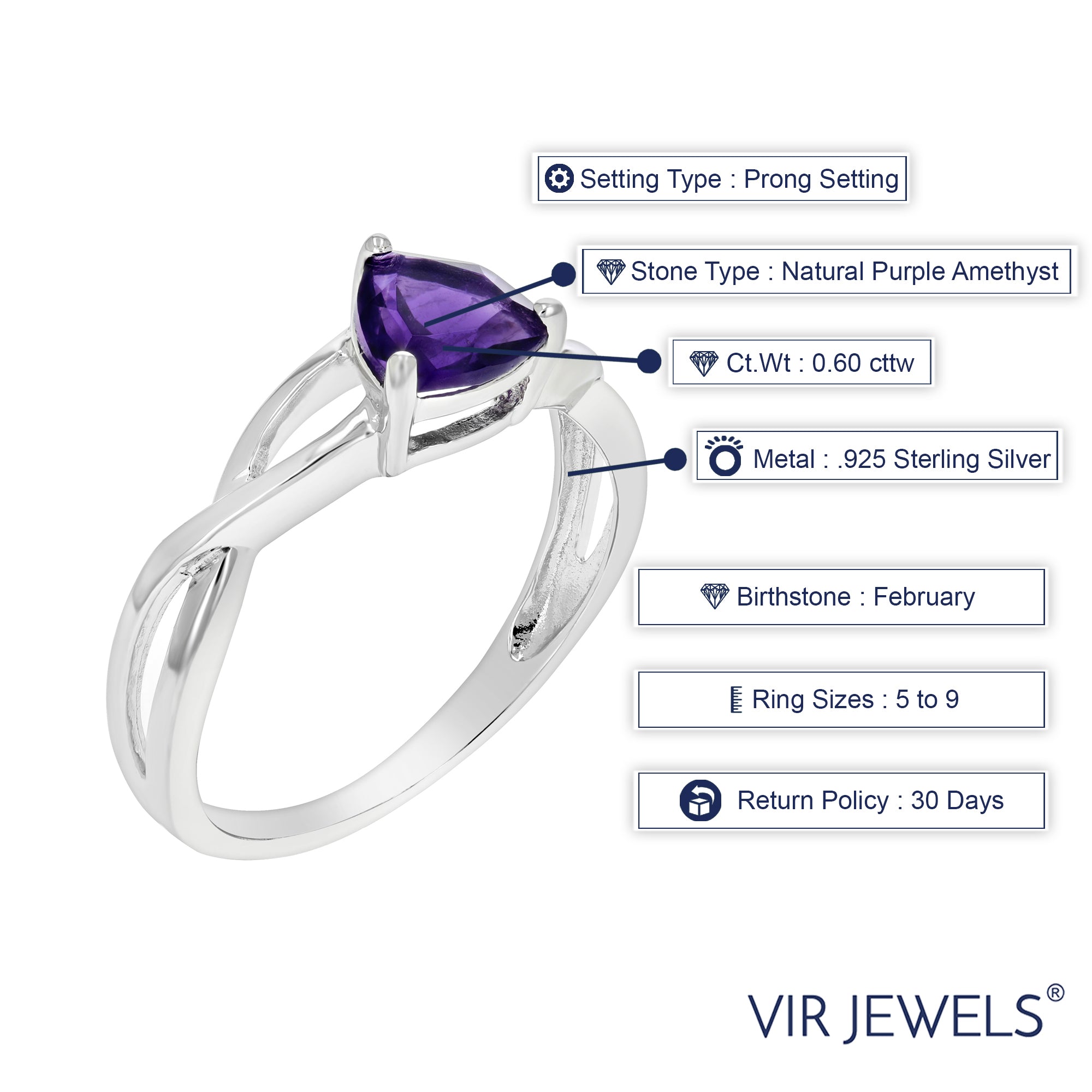 0.60 cttw Purple Amethyst Ring .925 Sterling Silver with Rhodium Triangle 6 MM