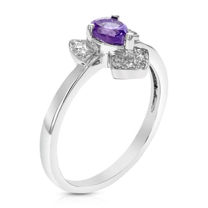 0.30 cttw Purple Amethyst Ring .925 Sterling Silver with Rhodium Pear 6x4 MM