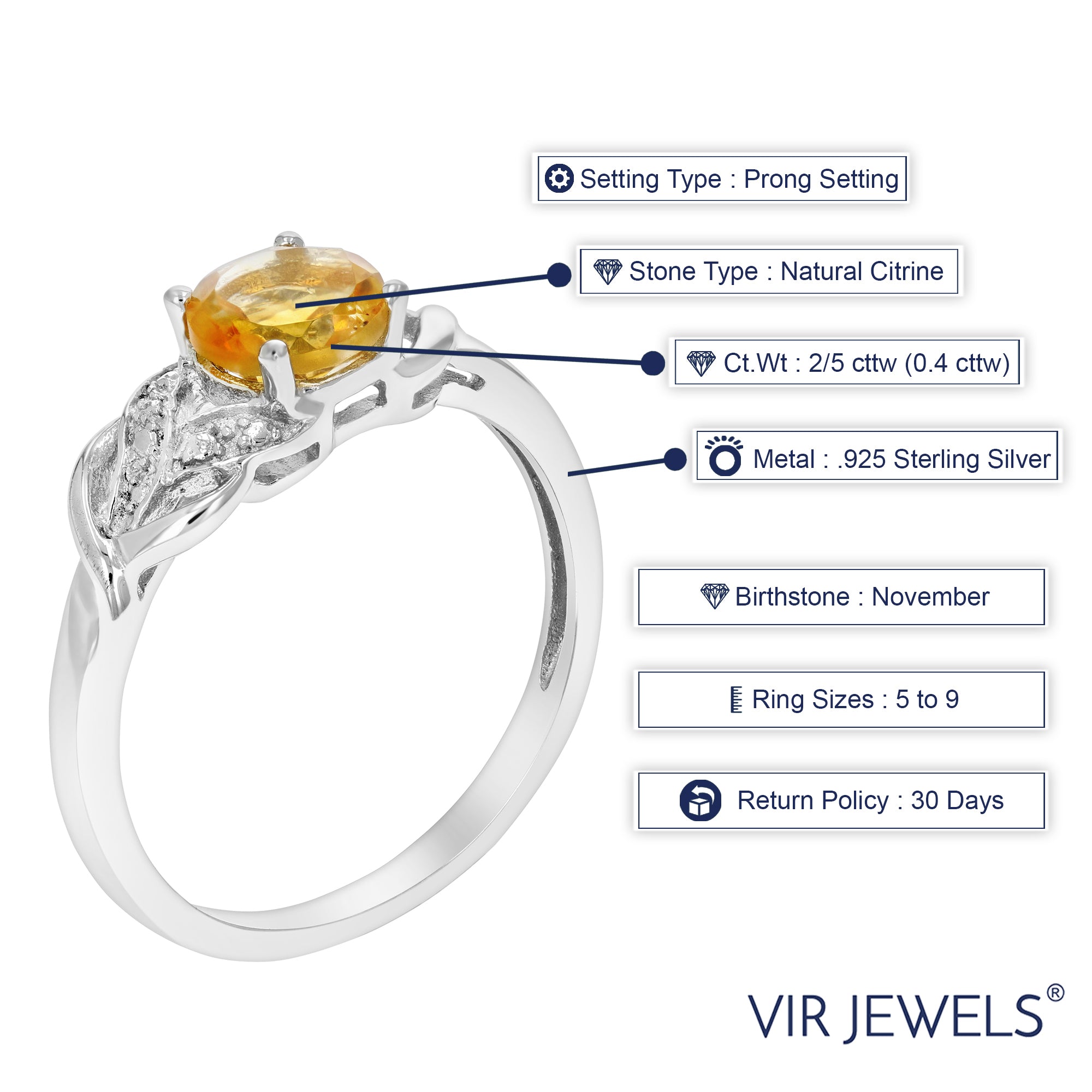 2/5 cttw Citrine Ring .925 Sterling Silver with Rhodium Plating Round Shape 5 MM